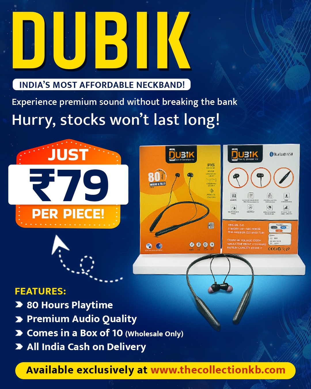DUBIK affordable Bluetooth neckband with 80 hours playtime — wholesale carton of 10